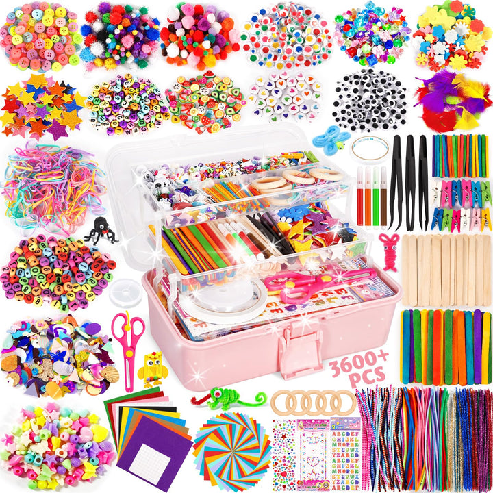 Purpledi 3600+ Stück Bastelset für Kinder Bastelmaterial in Bastelkoffer, Bastelset Kinder DIY Baste