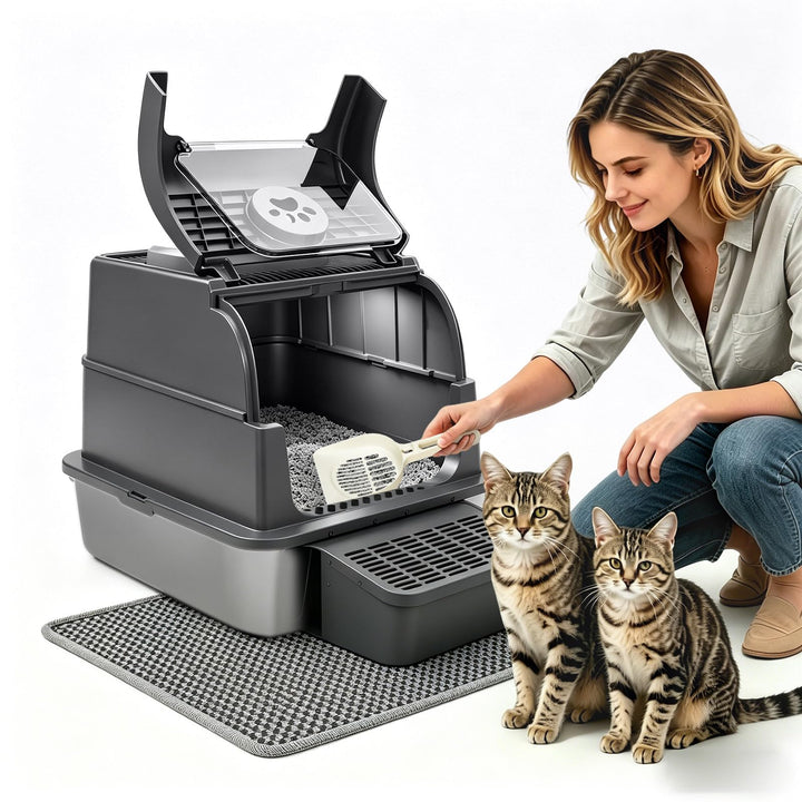 PAKEWAY Grosse Katzentoilette Edelstahl, XXL 3-in-1 Geschlossen &amp; Offen, Mit Klappdeckel &amp; Anti-Trac