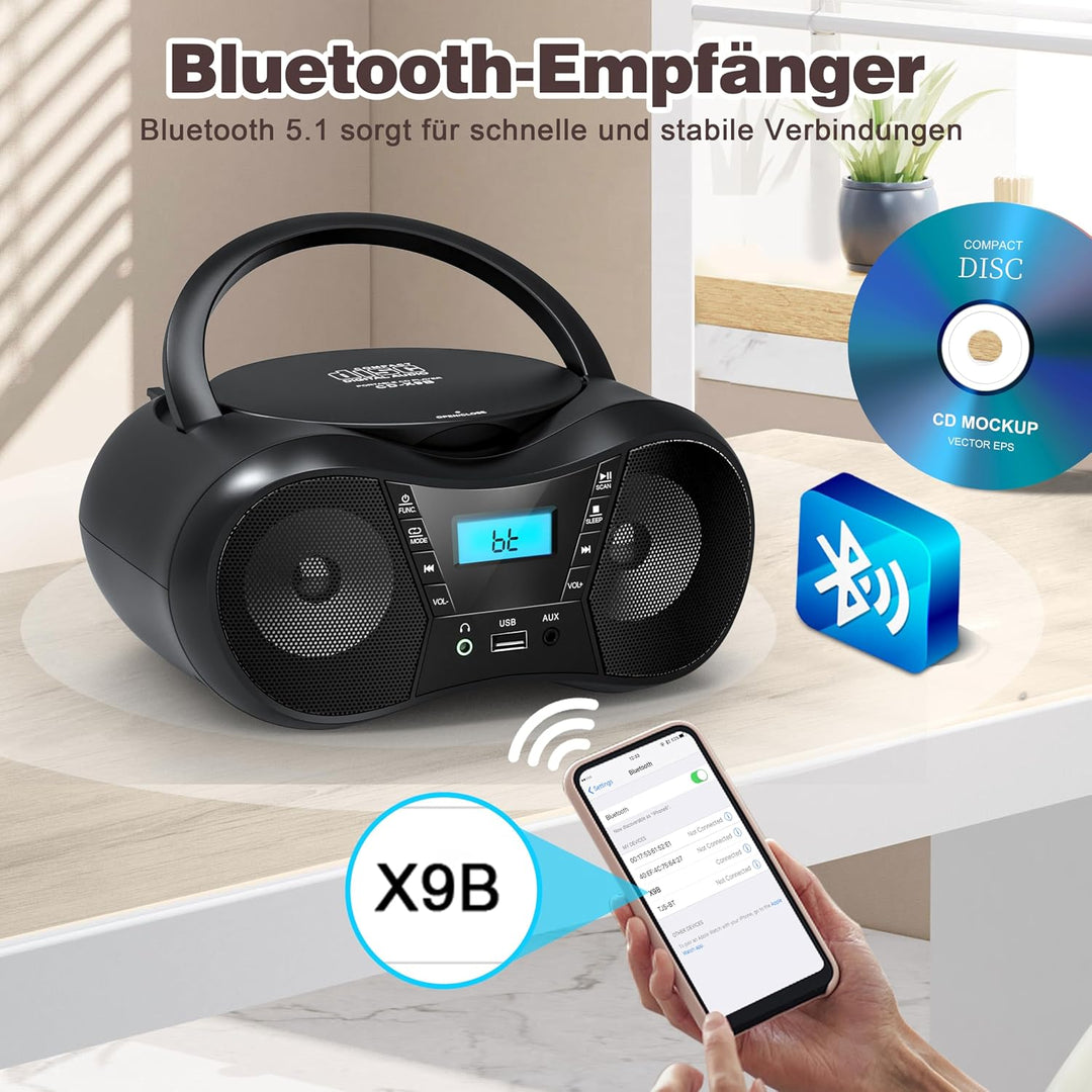 Greadio Tragbarer CD Player Bluetooth 5.1, Boombox Radio mit CD-Player, USB, AUX-In, Netz- und Batte