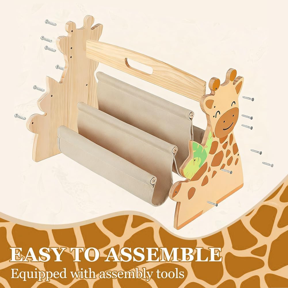 Bücherregal Kinder, doppelseitiges Holzregal mit robusten Canvas-Taschen, mit geschwungenen Kanten,