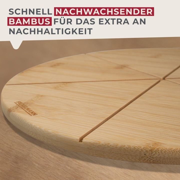 Fackelmann Pizza Schneidebrett Holz rund 32 cm – Aus nachwachsendem Bambus – Schneidrillen für perfe