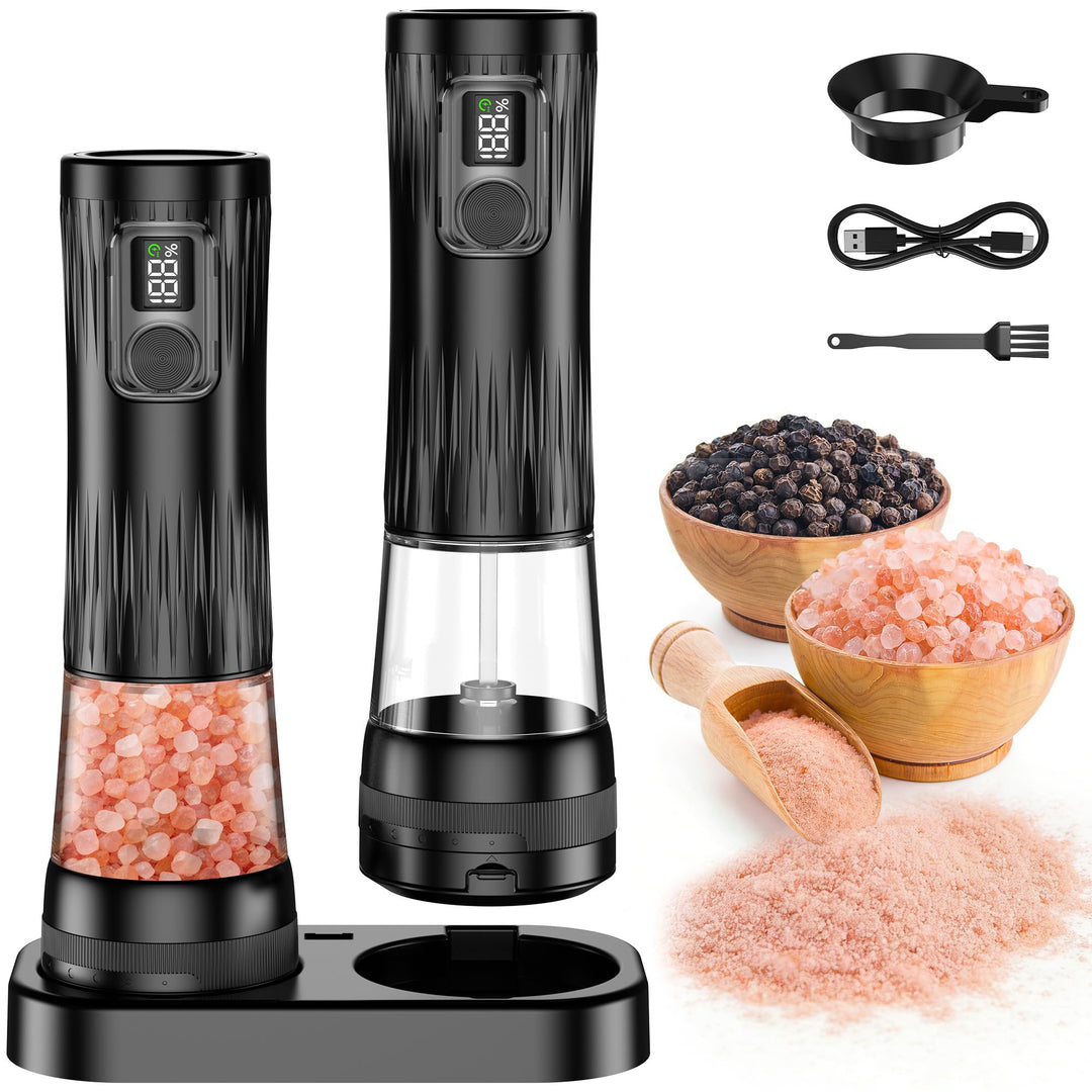 Salz und Pfeffermühle Elektrisch, 2-teilig, Wiederaufladbar, Verbesserte Akkuanzeige & LED-Beleuchtu