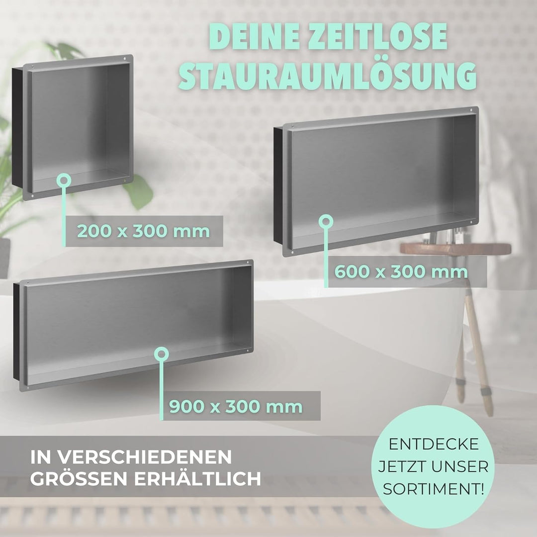 HAGO24 DIY Duschnische 90x30cm I Wandnische Dusche aus Edelstahl I einbaubare Duschablage in silber