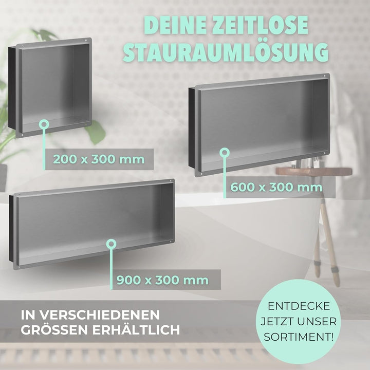 HAGO24 DIY Duschnische 90x30cm I Wandnische Dusche aus Edelstahl I einbaubare Duschablage in silber