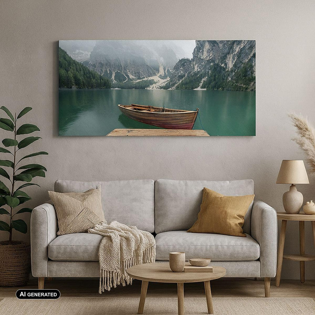 Panorama Bilder auf Leinwand Berge See Boot Leinwandbild mit Rahmen 90x30cm Wandbilder Dekoration Wo