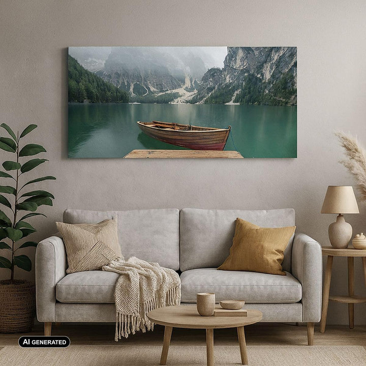 Panorama Bilder auf Leinwand Berge See Boot Leinwandbild mit Rahmen 90x30cm Wandbilder Dekoration Wo