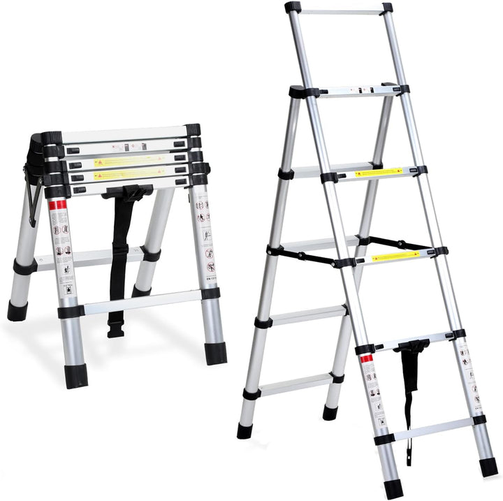 Fiqops 1.4+1.7M Klappleiter Teleskopleiter, A-Rahmen 4+5 Sprossen Aluminiumleiter, Rutschfester Alul
