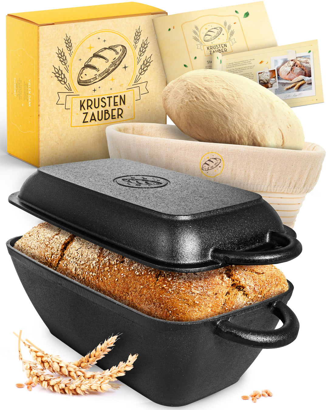 KRUSTENZAUBER 28cm Gusseisen Bräter mit Deckel backofengeeignet inkl. Gärkorb - eckiger Topf Brot Ba
