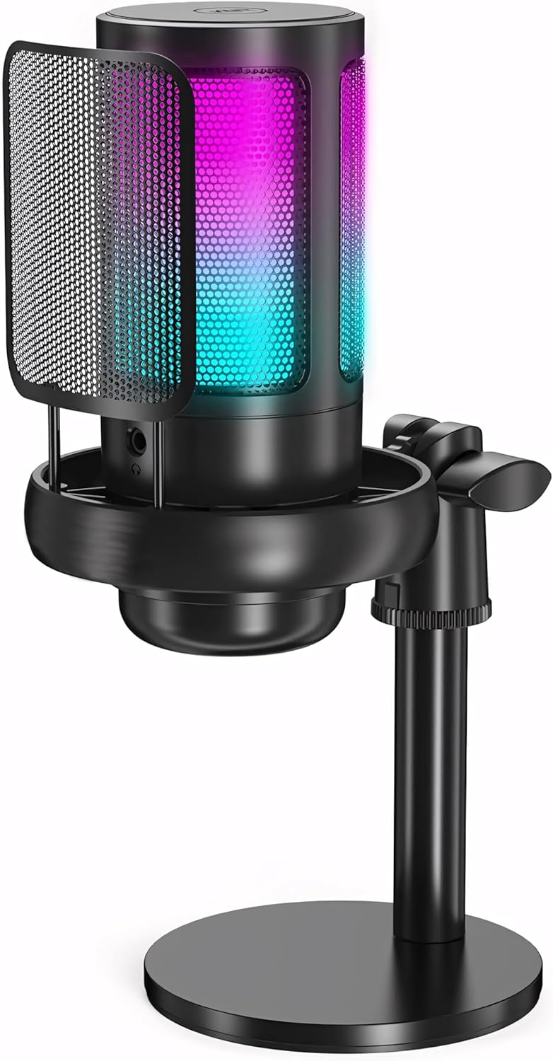 Retoo Gaming Mikrofon RGB, USB Mikrofon mit EIN-klick-Stummschaltfunktion, Rauschunterdrückung, Laut