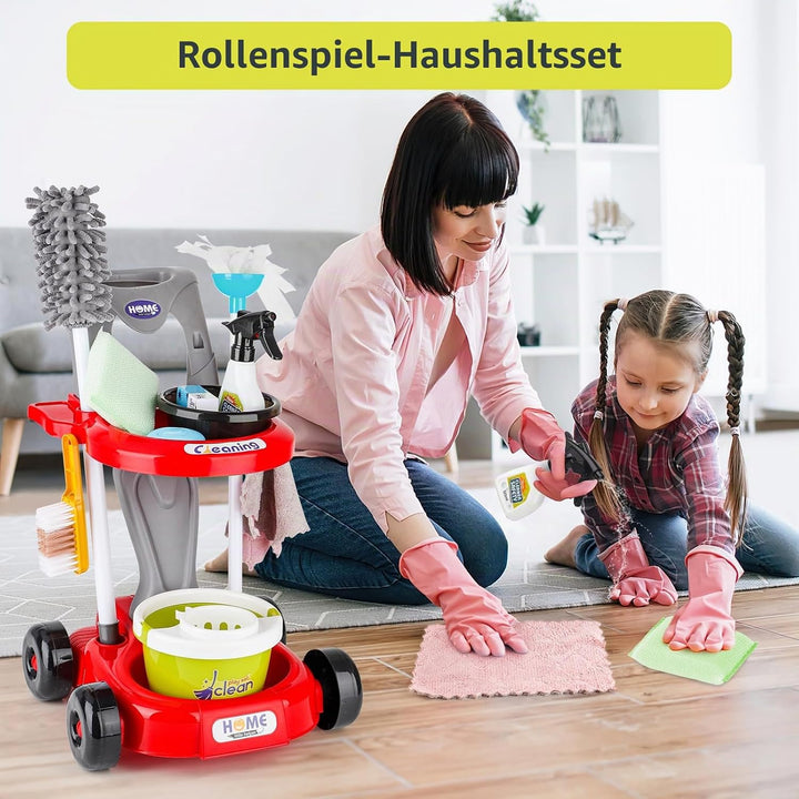 deAO Kinder Putzwagen ab 2 3 4 Jahre mit Wischmop, Eimer, Besen, Staubsauger, Bürsten, Kehrschaufel,
