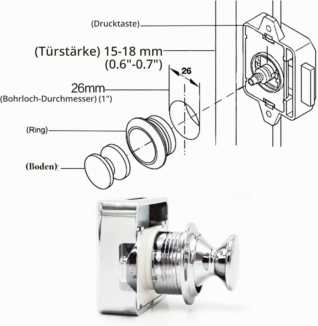 Hotiko Push Lock Button Latch Door Verriegelung Wohnmobil Möbelschloss für RV Camping Schrank Schubl