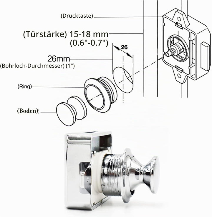 Hotiko Push Lock Button Latch Door Verriegelung Wohnmobil Möbelschloss für RV Camping Schrank Schubl