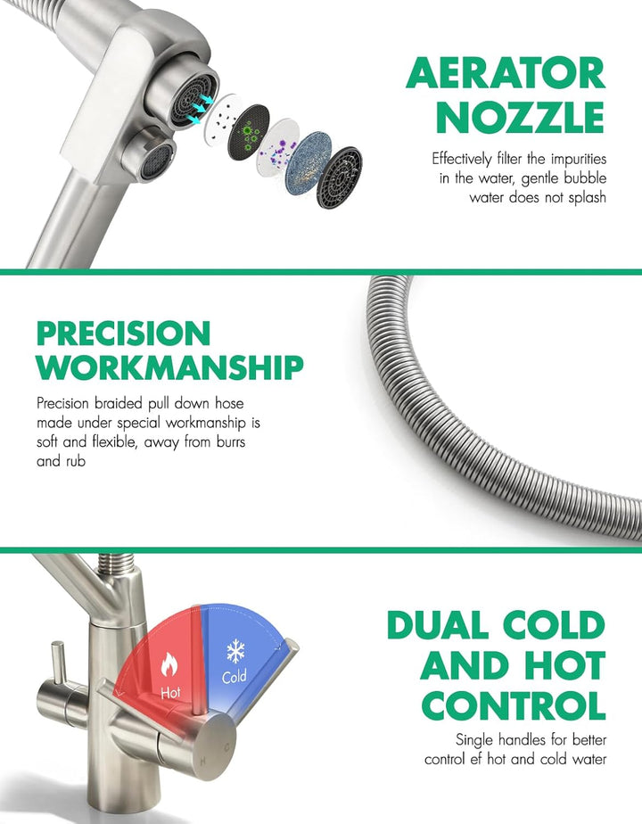 3 Wege Wasserhahn Küche,Küchenarmatur-360° Drehbar,mit 3 in 1 Wasserhahn für Wasserfilter,Spiralfede