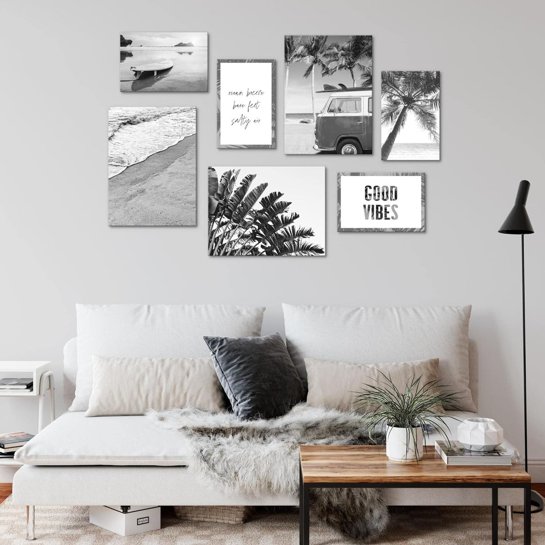 Novart Wandbilder Strand - KOMPLETT AUFHÄNGFERTIG - Schwarz Weiss Wohnzimmer Schlafzimmer- 7 Moderne