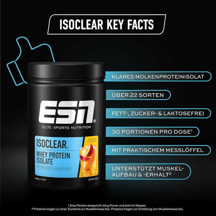 ESN ISOCLEAR Whey Isolate Protein Pulver, Mango Peach Iced Tea, 908 g, Proteinlimo mit fruchtig leck