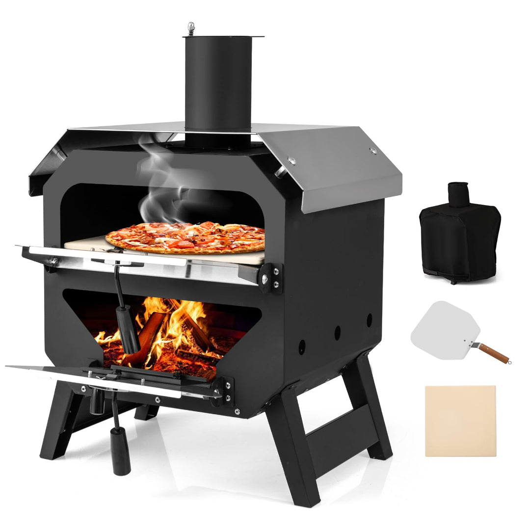 COSTWAY Outdoor Pizzaofen, Pizza Ofen mit Pizzaschaufel, Pizzastein, wasserdichter Abdeckung, Edelst