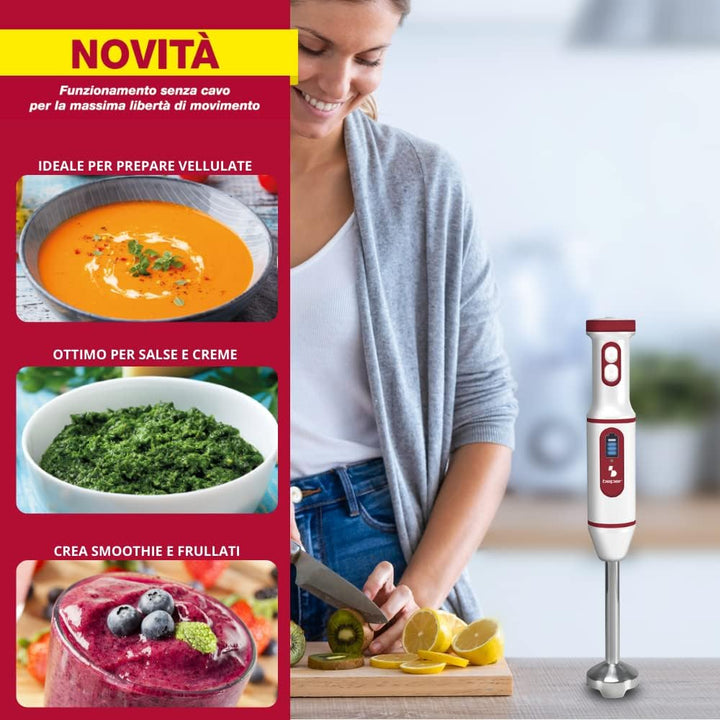 BEPER P102FRU300 Eintauchmixer USB-Akku, Kabelloser Stabmixer, Minipimer Blender, Multifunktion, Rot