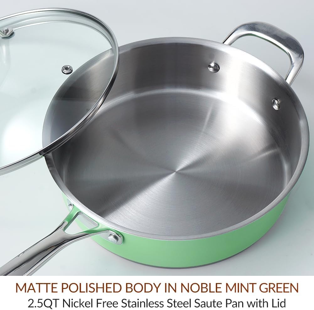 HOMICHEF 24 cm Mintgrün Nickel Frei Edelstahl Sauteuse mit Glasdeckel - 2,36 L ungiftig tief Bratpfa