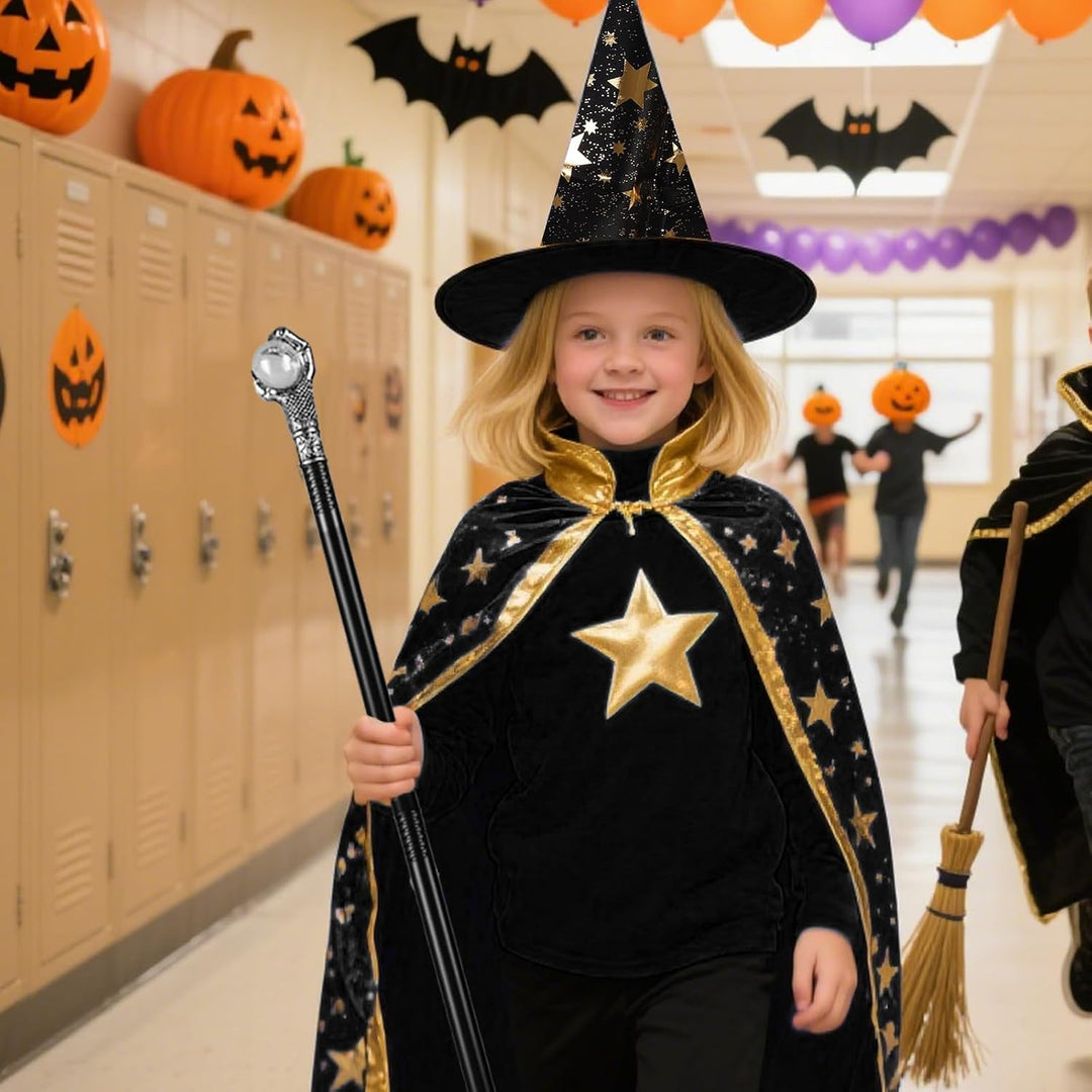 Zauberer Kostüm Kinder,4 Stück Zauberumhang Hexenhut Zauberstab Maske,Halloween FaschingskostüMe für