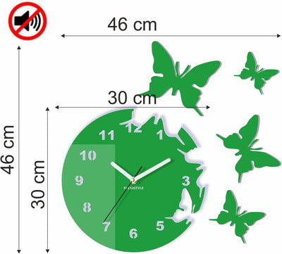 FLEXISTYLE Grosse Moderne Wanduhr Schmetterling Goldspiegel rund 30cm, 3D DIY, Wohnzimmer, Schlafzim
