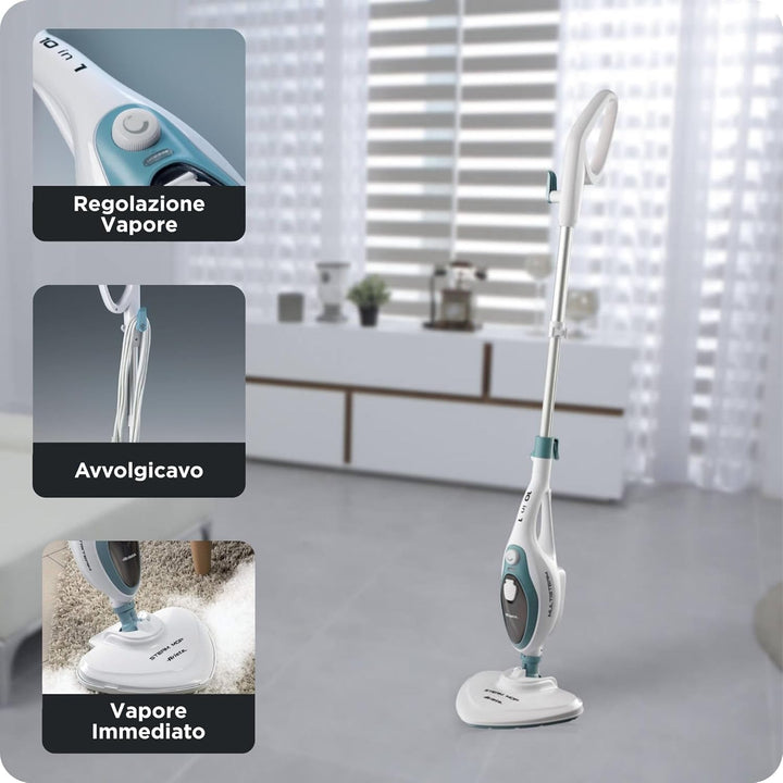 Ariete 4164 Dampfbesen 10-in-1-Dampfreiniger, 1500W, Wassertank 350cc, entfernt bis zu 99% der Bakte