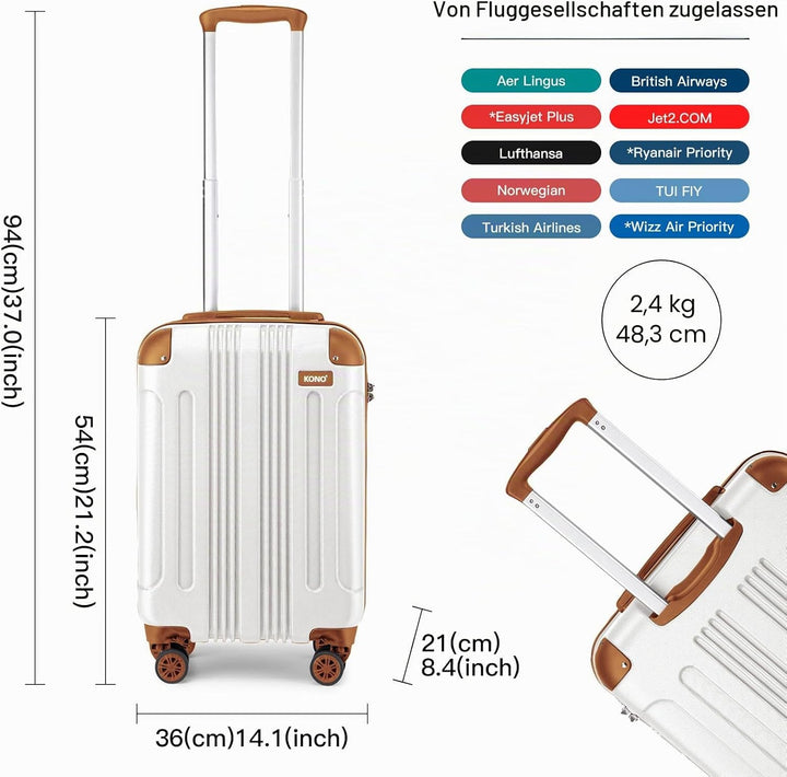 KONO Trolley Handgepäck Koffer 55x35x20cm Rollkoffer Reisekoffer mit 4 Rollen und Schloss (Cremeweis