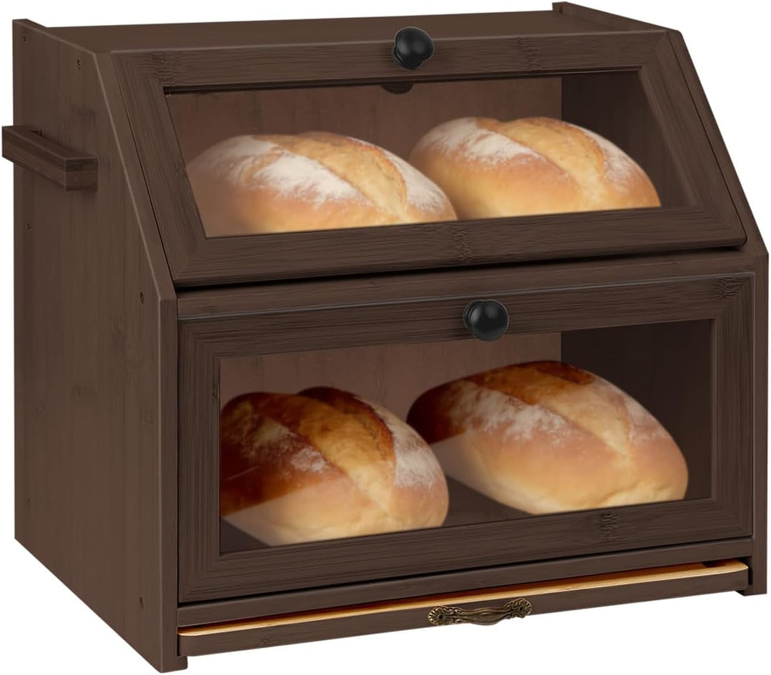 HUOLE Brotkasten aus Bambus mit 2 Etagen - Küchenorganizer, Aus Holz - Mit Sichtfenster und Magnetve