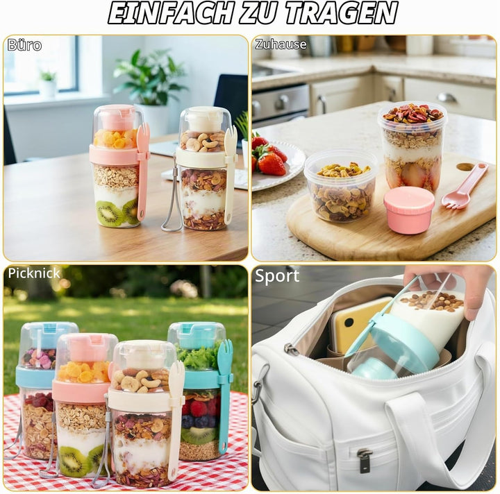 Müslibecher to Go, 4 Stück Jogurtbecher für Unterwegs mit löffel, Joghurt to Go Becher, Doppelschich