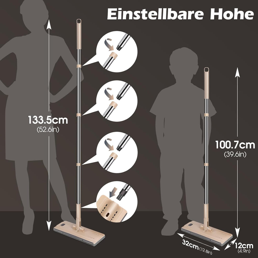 MASTERTOP Wischmopp Set mit Eimer, 138cm Flachmopp mit Edelstahlgriff und 6 Mikrofaser Moppkopf, Han