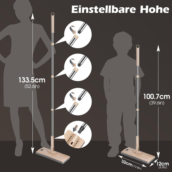 MASTERTOP Wischmopp Set mit Eimer, 138cm Flachmopp mit Edelstahlgriff und 6 Mikrofaser Moppkopf, Han
