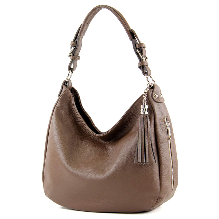 modamoda de - T200 - ital. Damen Schultertasche aus Leder Blassbraun, Blassbraun
