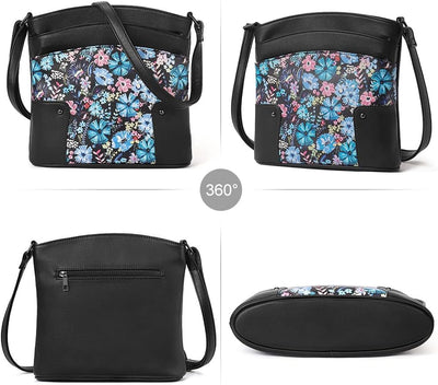 CLUCI Umhängetasche Damen Klein Crossbody Clutch Handytasche mit Geldbörse Farbe Blumen auf Schwarz,