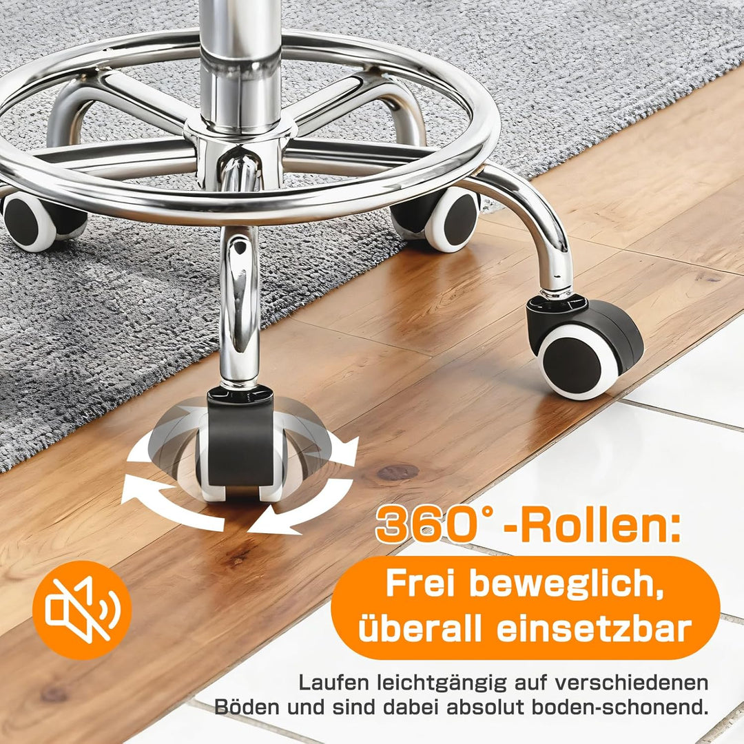Sattelhocker mit Lehne – 360° drehbarer Hocker mit Rollen und verstellbarer Fussstütze | Sattelhocke