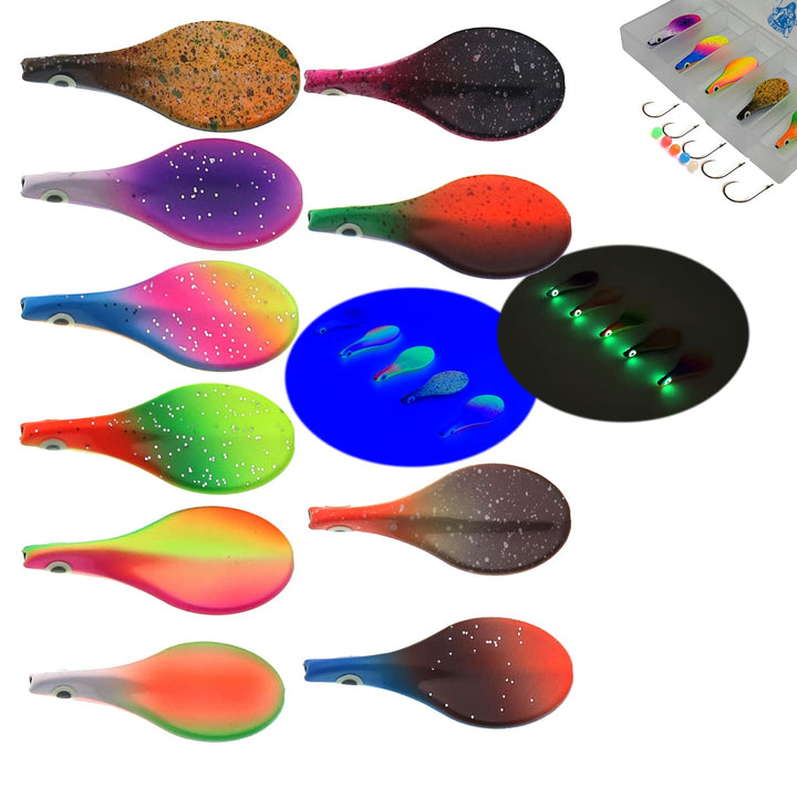 Njord Kalastus Inline Spoon Forelle in Box | UV Aktiv und Selbstleuchtende 3D Augen | Durchlaufblink