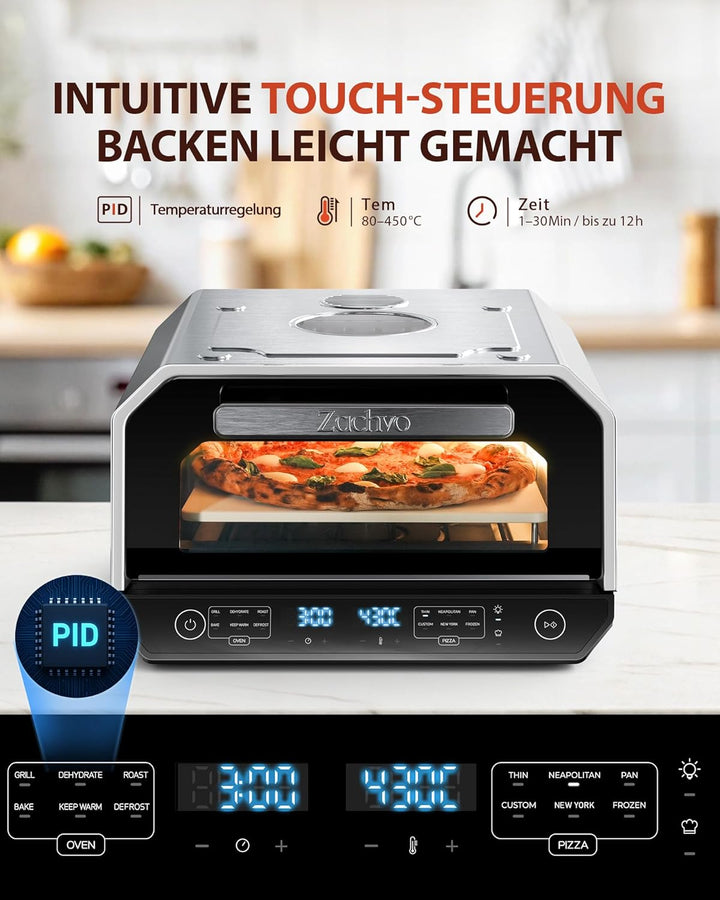 Pizzaofen Elektrisch 450°C – Neapolitanische Pizza in 90 Sek, Sichtfenster & Innenbeleuchtung, 6 Pro