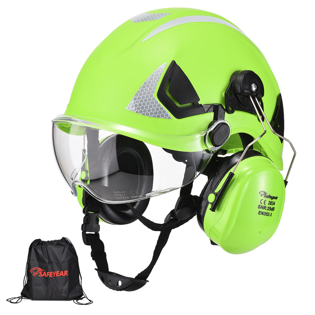 SAFEYEAR Sicherheit Harter Hut mit Anti-Kratzer Brille, eramuffs, CE EN397 Sicherheitshelme mit Kinn