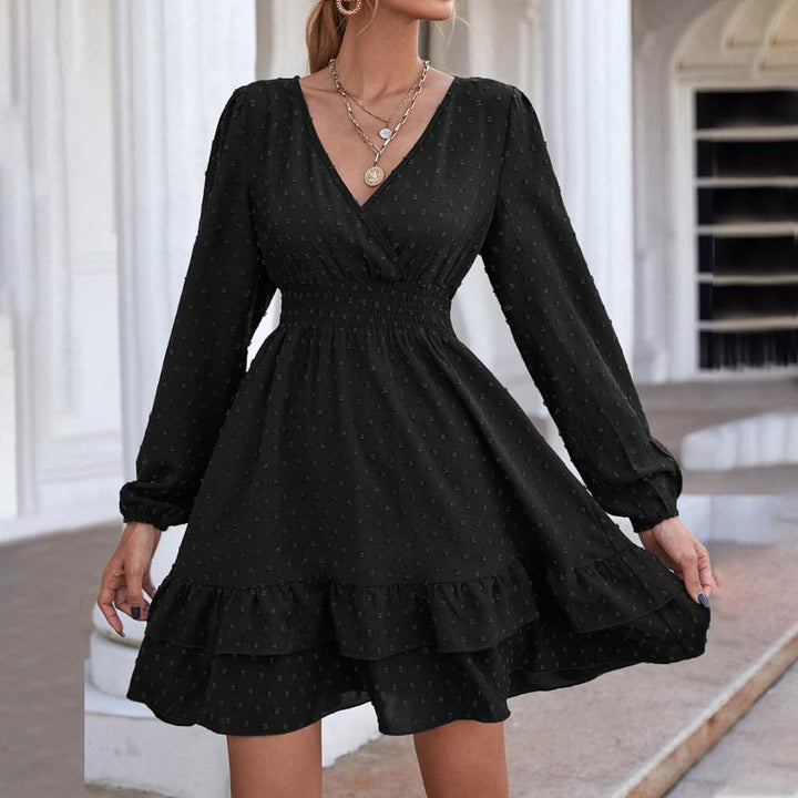 Damen Langarm Kleid V-Ausschnitt Wickelkleid Tunika Kleider Partykleid Sexy Casual Midikleid Elegant