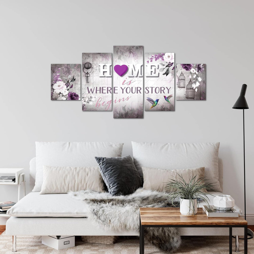 Runa Art Wandbilder Home 5 Teilig Bild auf Vlies Leinwand Deko Wohnzimmer Vintage Grau Lila 037652b