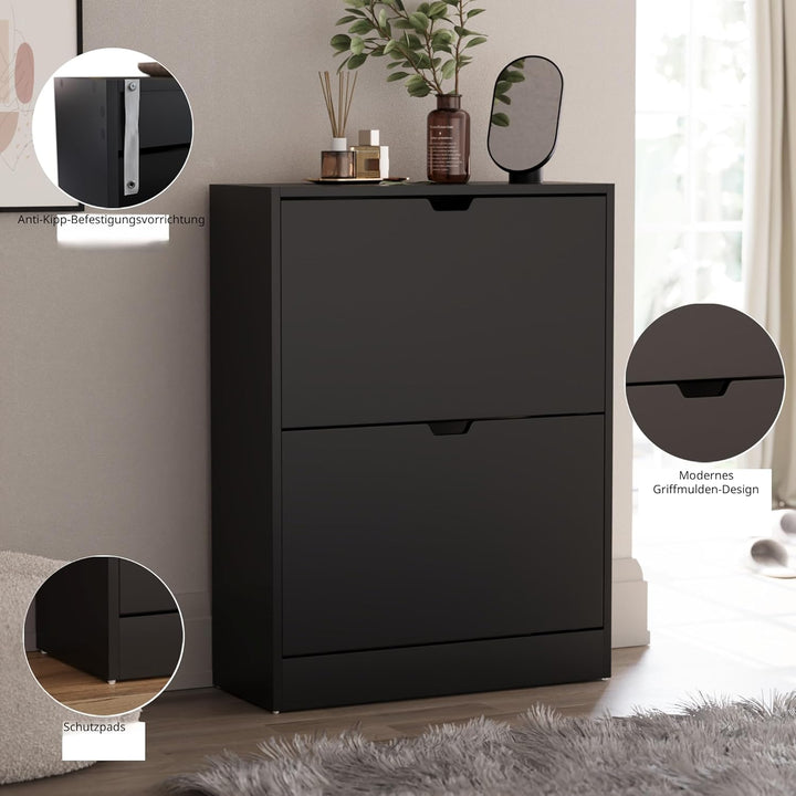 Vida Designs Schuhschrank mit 2 Schubladen, platzsparender Schuhschrank mit 2 Klappschubladen, für F