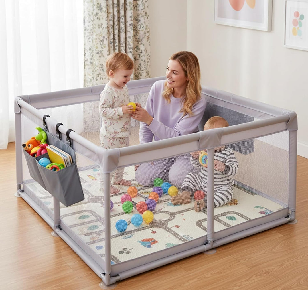 Laufstall Baby 120x120 cm mit Spielmatte und 2 Aufbewahrungstaschen,Laufgitter Baby mit Matratze,Bab
