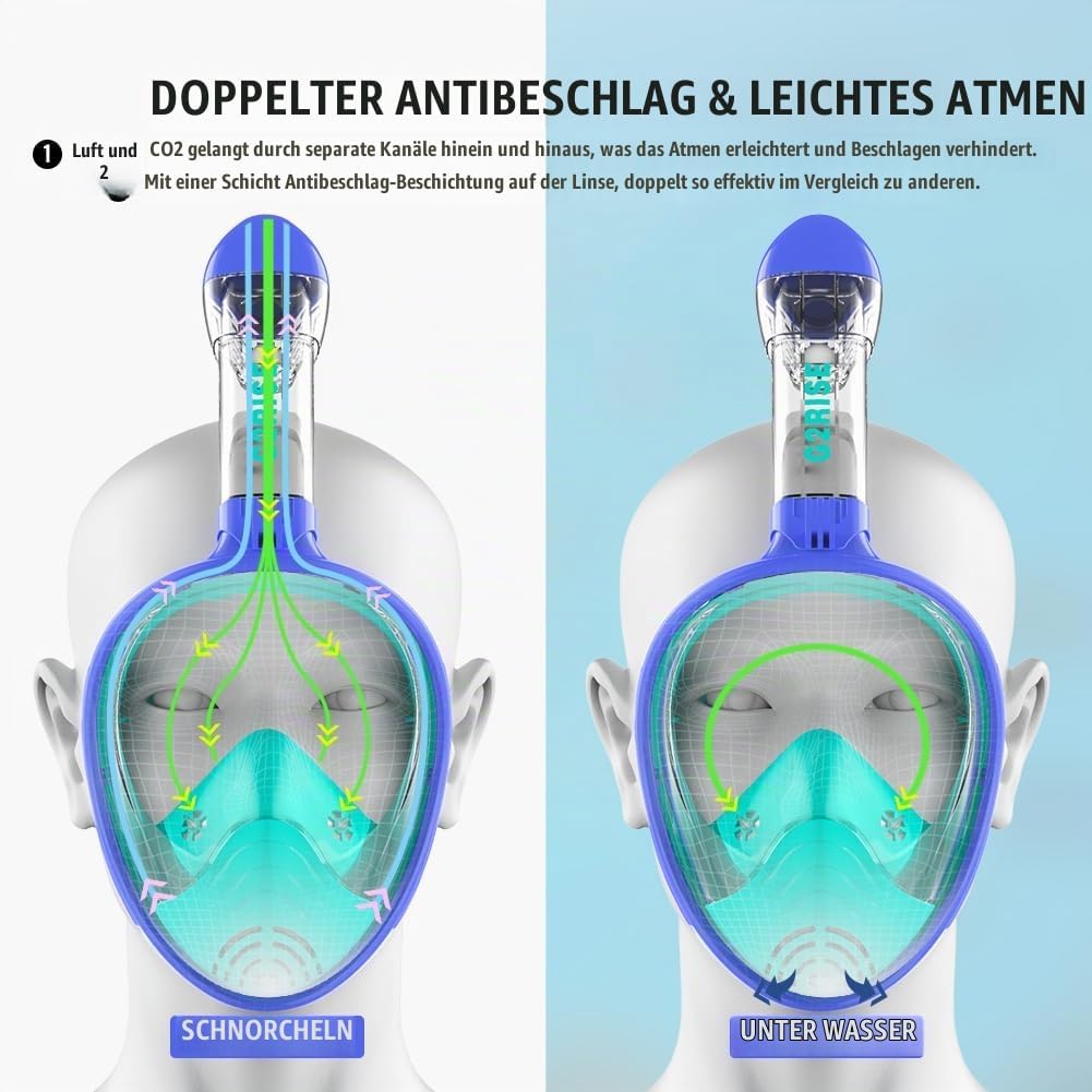G2RISE® Schnorchelmaske, Tauchmaske, Faltbare CO2-sichere Schnorchel Vollmaske mit Kameraposition fü