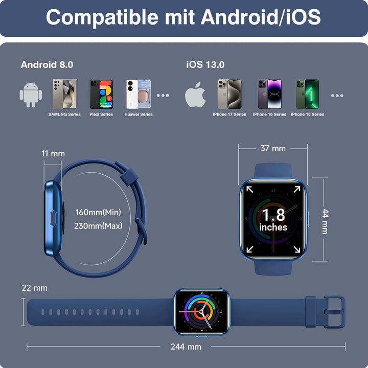 Smartwatch Herren Damen, 1,85" HD Smartwatch Damen mit Telefonfunktion, Smart Watch Fitnessuhr 120+