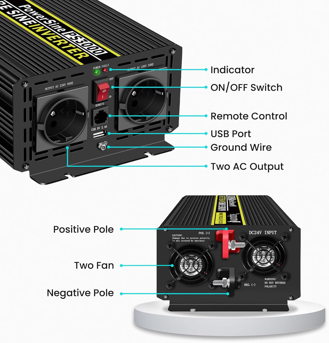 NOVOPAL 3000W KFZ Reiner Sinus Spannungswandler - Auto Wechselrichter 24V auf 230V Umwandler - Inver