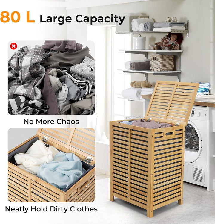 GIANTEX 80 L Wäschekorb Bambus, Wäschebox Wäschesammler mit Deckel &amp; herausnehmbarem Wäschesack, Wäs