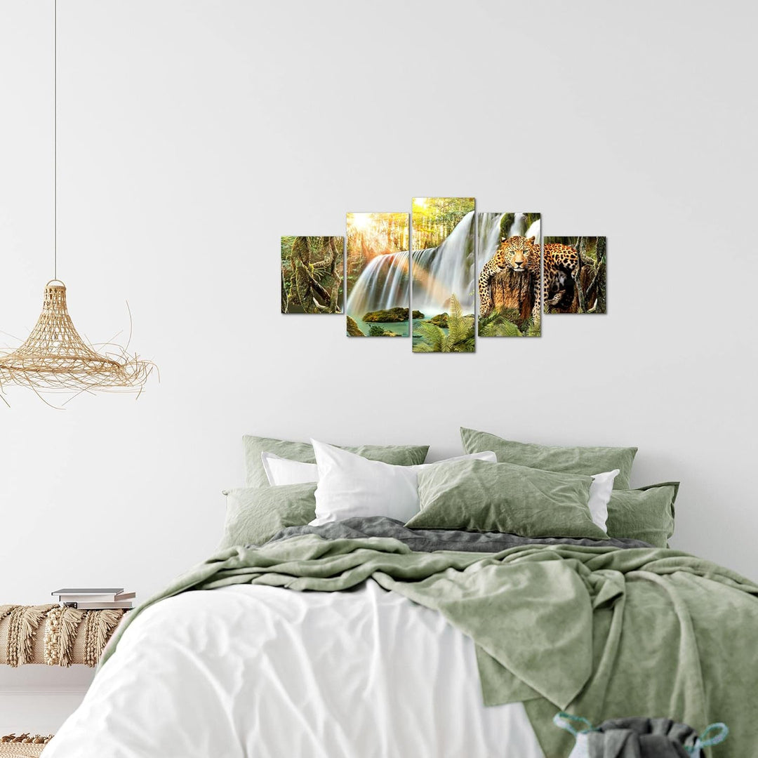 Runa Art Wandbilder Wasserfall Leopard 5 Teilig Bild auf Vlies Leinwand Deko Wohnzimmer Schlafzimmer