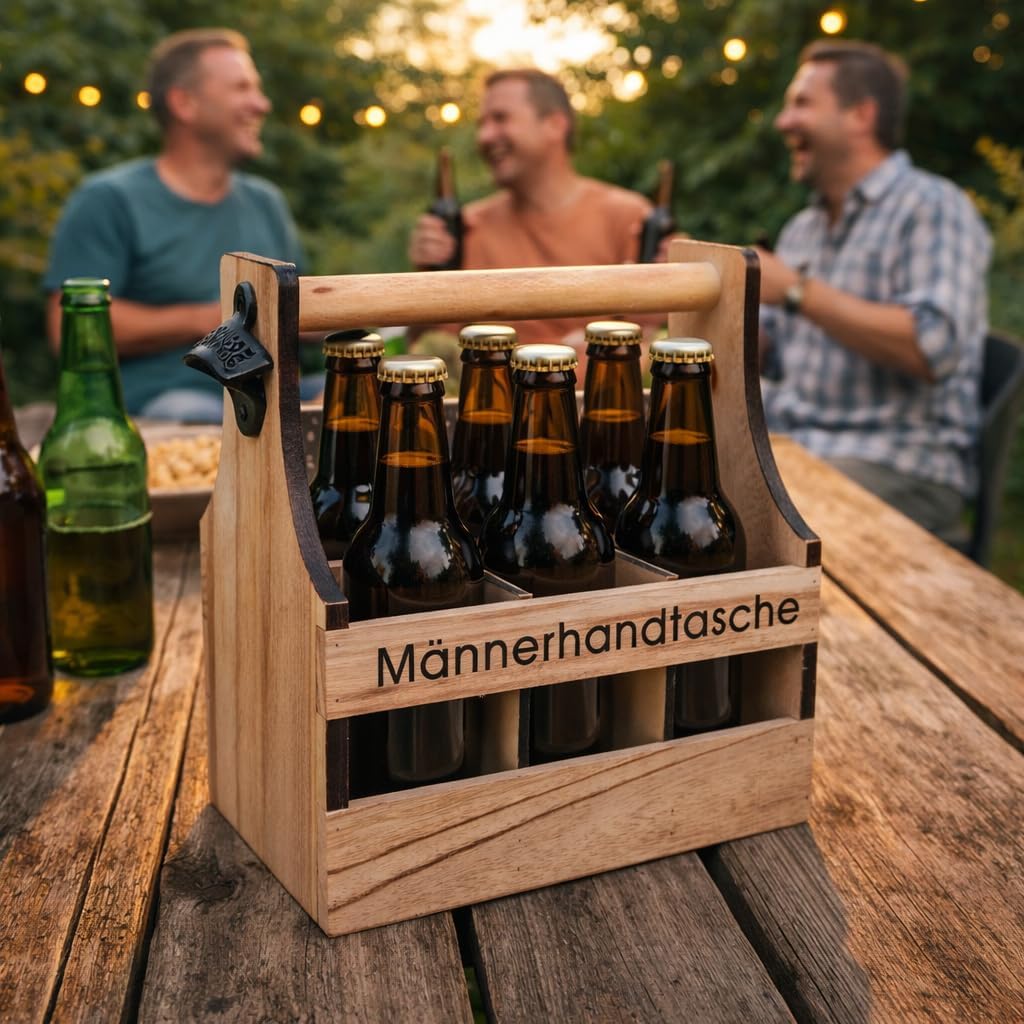 UNUS Home Männerhandtasche Bier, Flaschenträger aus Holz für 6 Flaschen, Bierträger mit Flaschenöffn