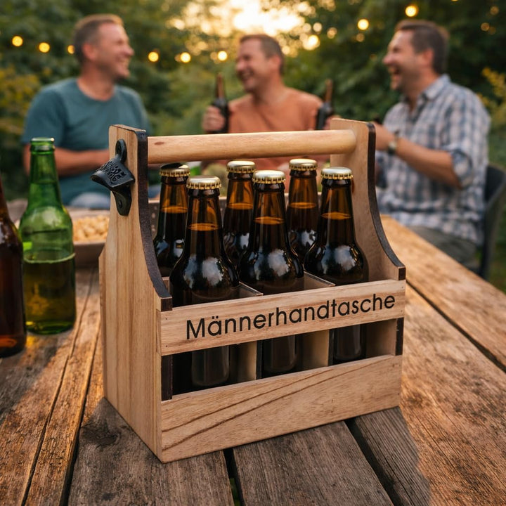 UNUS Home Männerhandtasche Bier, Flaschenträger aus Holz für 6 Flaschen, Bierträger mit Flaschenöffn