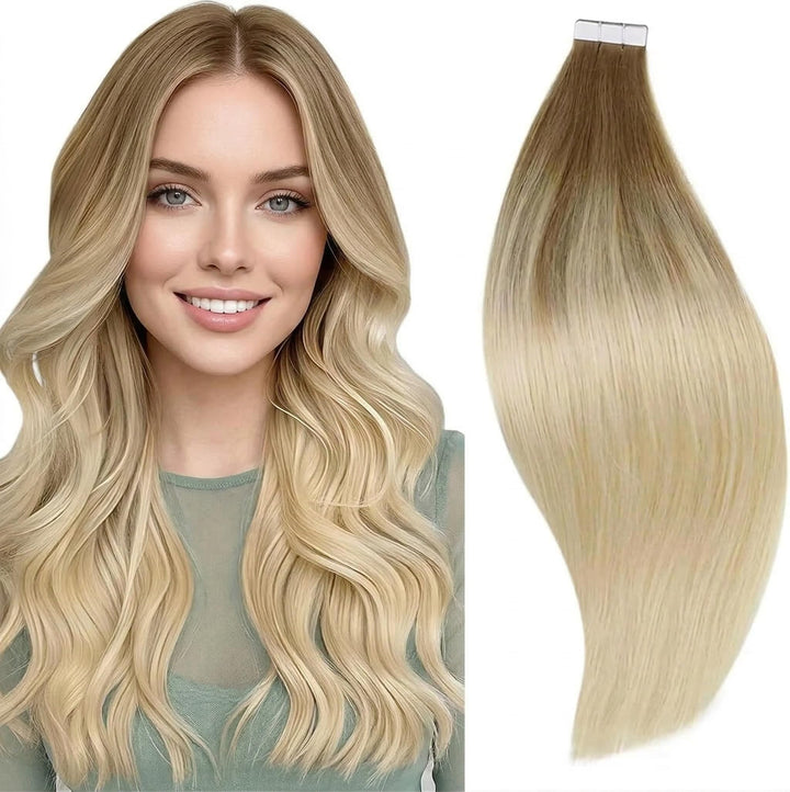 RUNATURE Tape Extensions Echthaar 50cm Balayage Braun Ombre Blond Unsichtbarer Tape in Haarverlänger