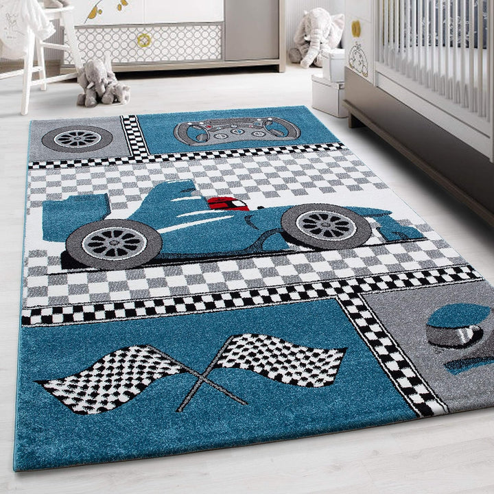 Teppium Kinderteppich für Jungen und Mädchen Rennwagen Muster 80 x 150 cm Blau - Kurzflor Waschbarer