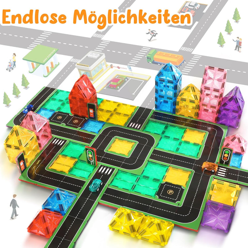 Lovchil 72 Teile Magnetische Bausteine Strassenset mit Autos, Strassenaufsatz-Set Magnetische Fliese